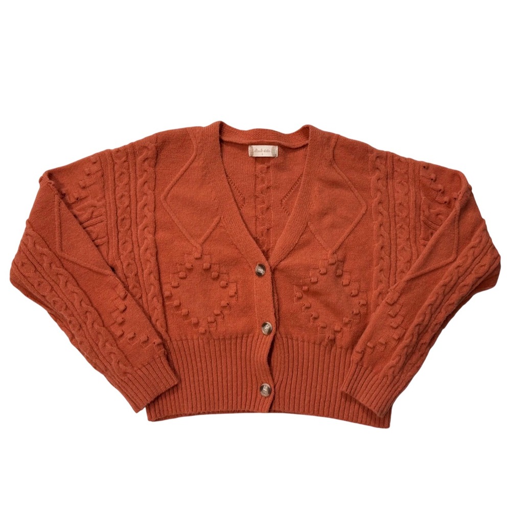 ALLSTATETOGETHER Cropped Cable Knit Cardigan Sweater Rust Orange Button Down - S